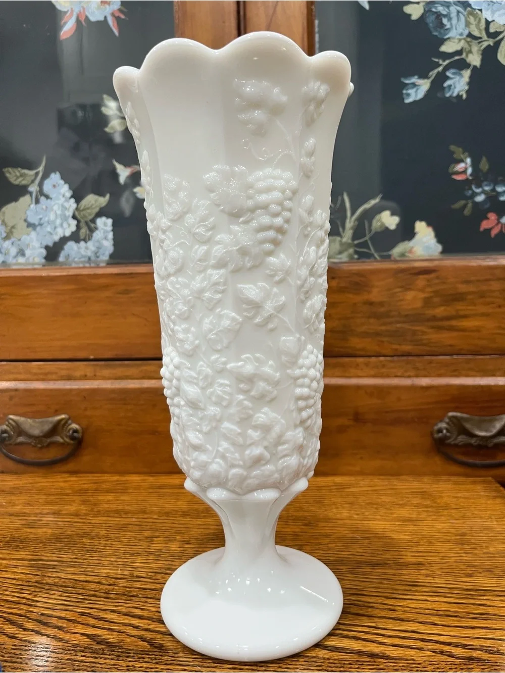 Vintage Westmoreland Paneled Grape Milk Glass Vase 11.5” Tall